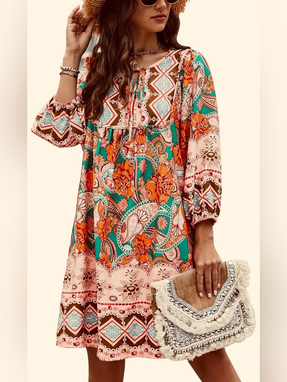 Bluetime Boho Floral Paisley Babydoll Mini Dress Orange Pink Green Large EUC